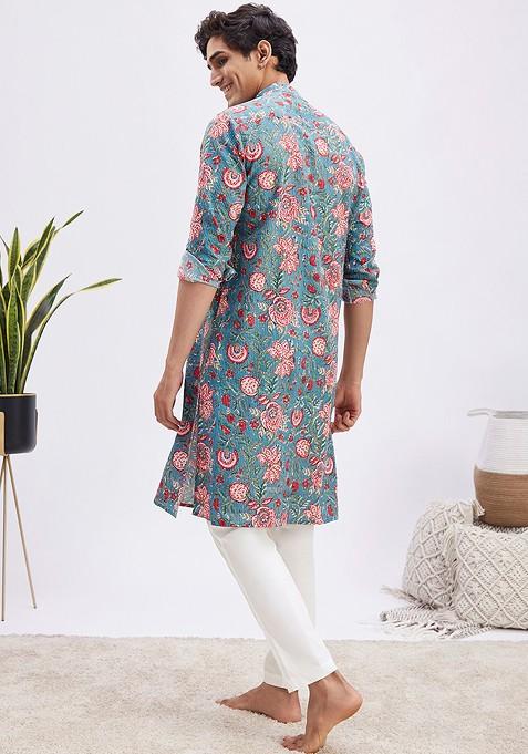 Blue Floral Print Cotton Kurta Set For Men