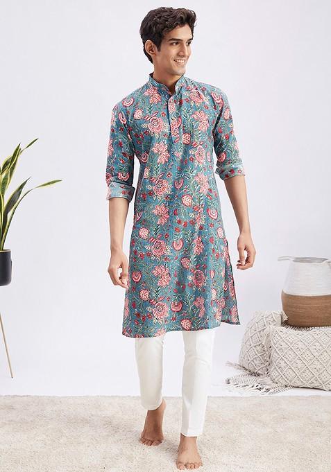 Blue Floral Print Cotton Kurta Set For Men