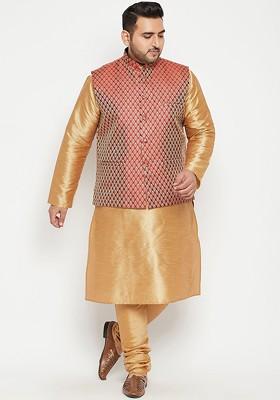 Gold Solid Poly Blend Kurta Set For Men