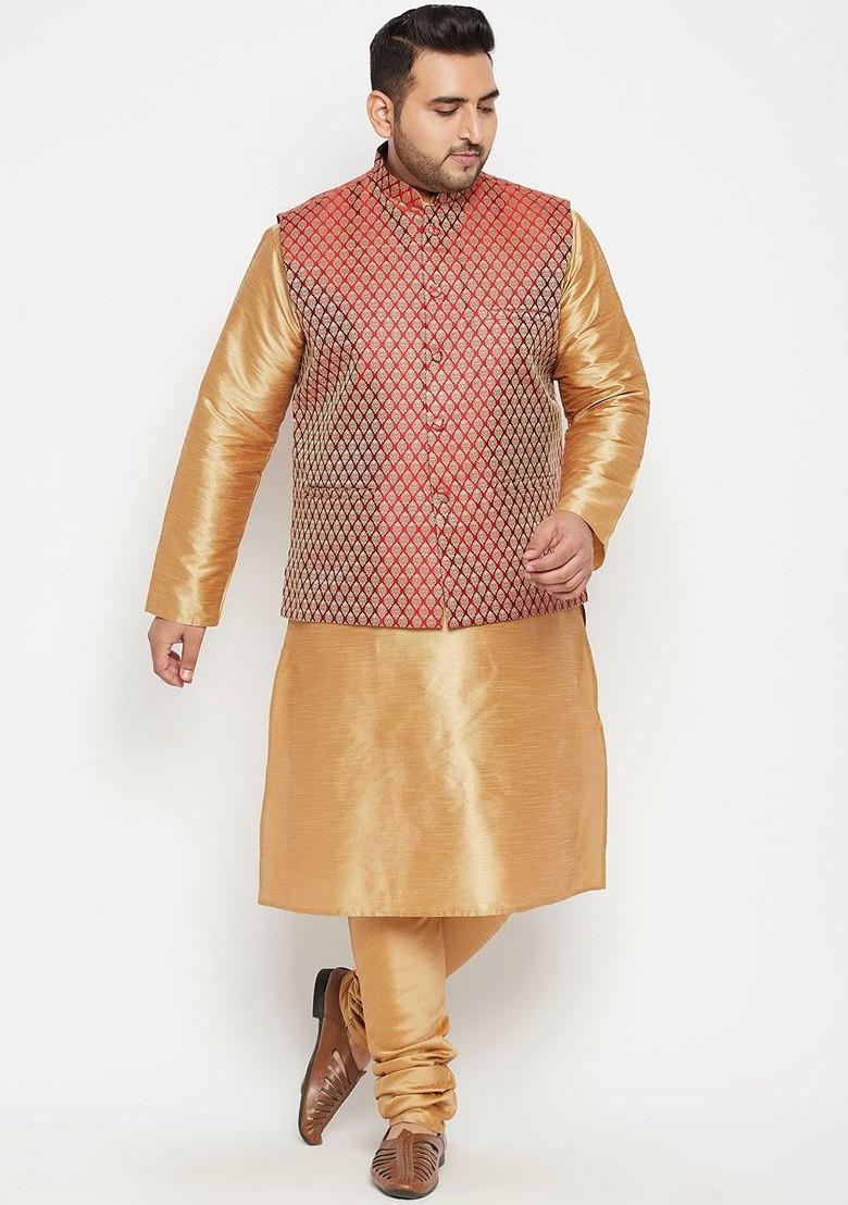Gold Solid Poly Blend Kurta Set For Men