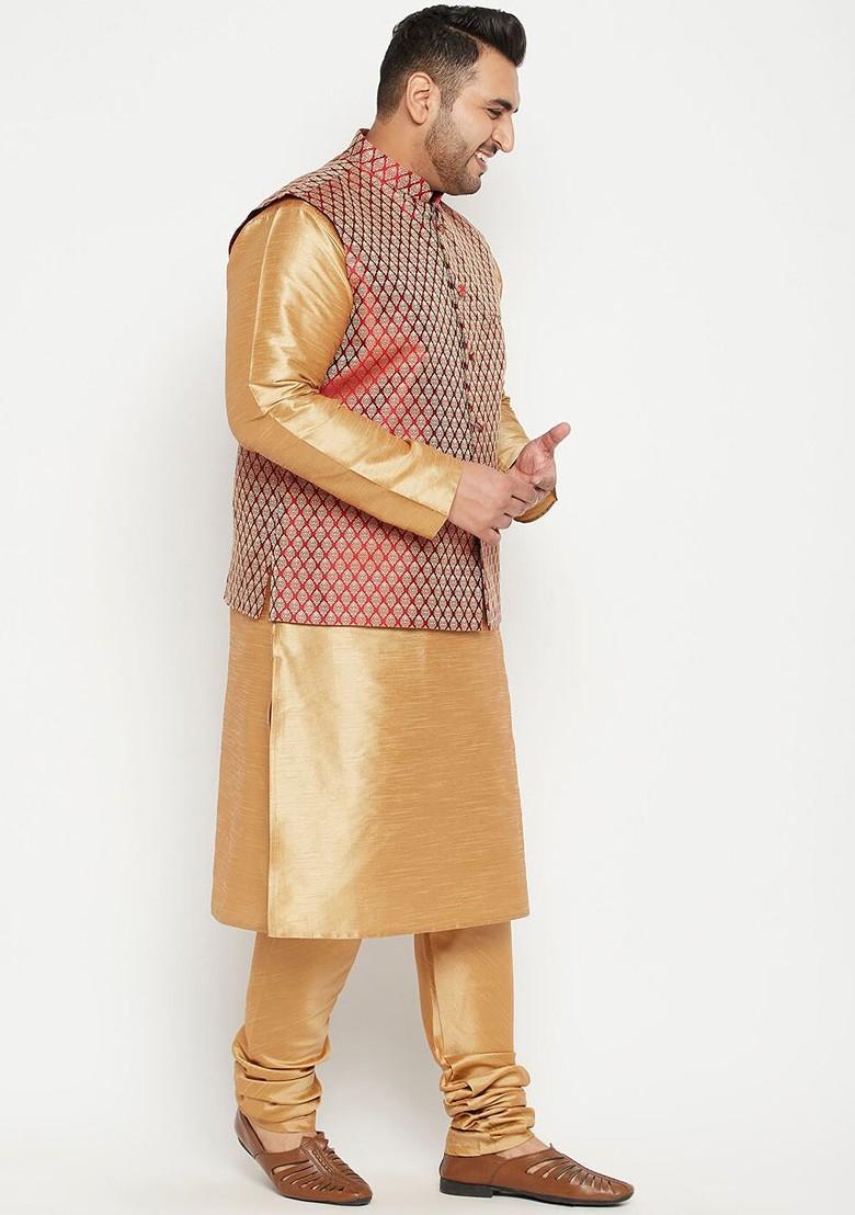 Gold Solid Poly Blend Kurta Set For Men