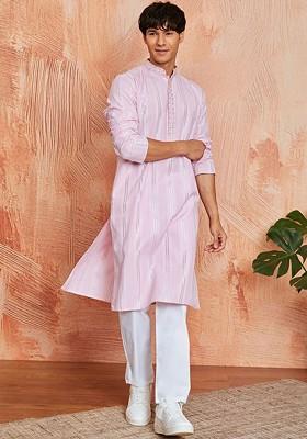 Pink Striped Jacquard Kurta Set For Men