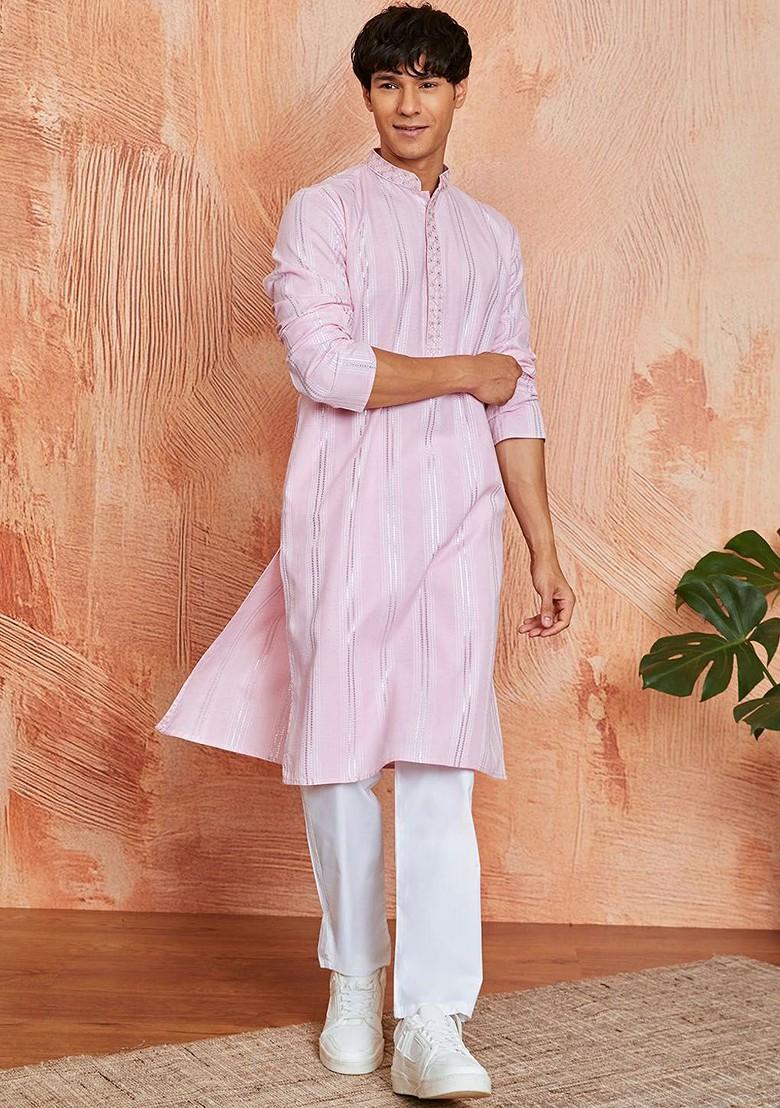 Pink Striped Jacquard Kurta Set For Men