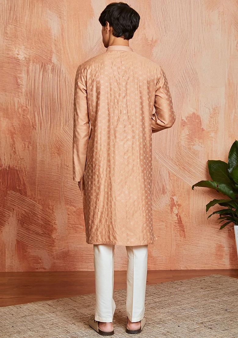 Peach Thread Work Poly Blend Kurta Set For Men
