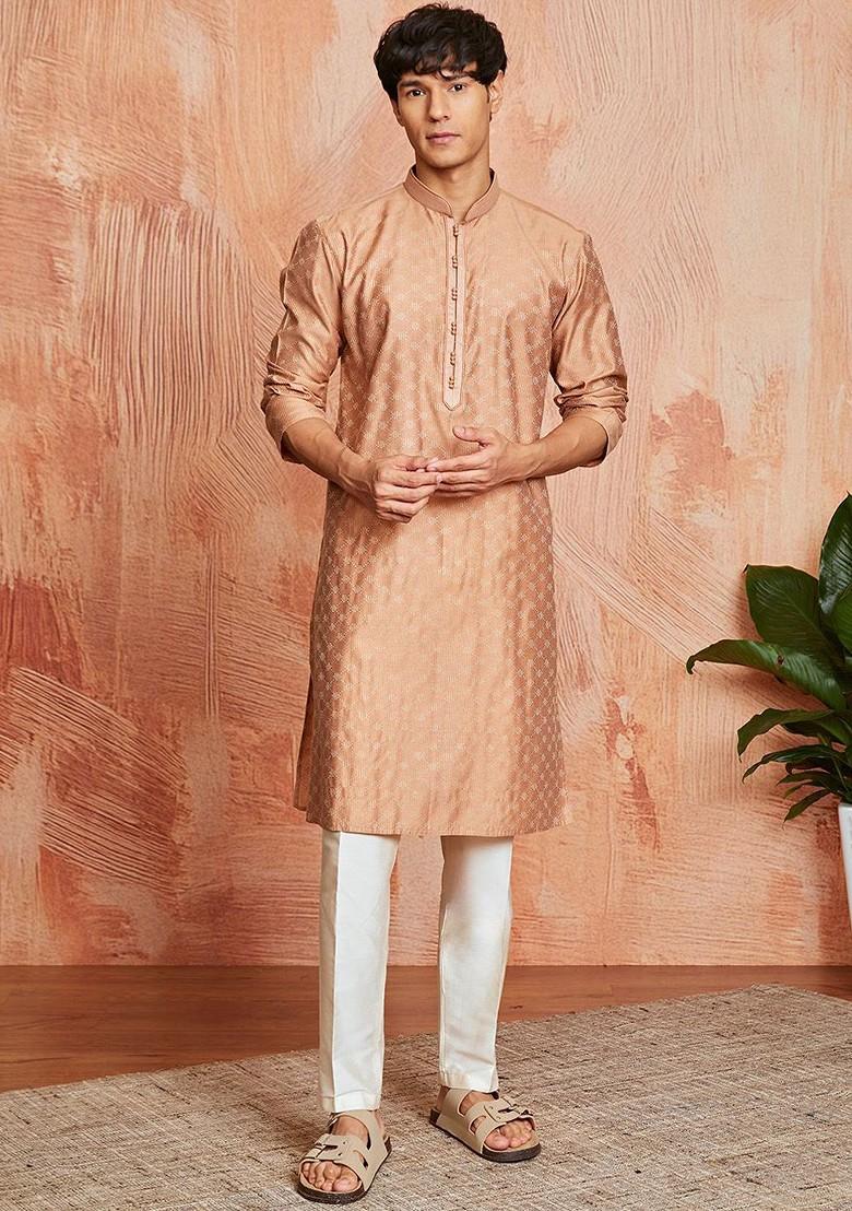 Peach Thread Work Poly Blend Kurta Set For Men