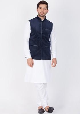 White Solid Poly Blend Kurta Set For Men