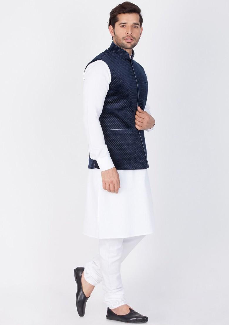 White Solid Poly Blend Kurta Set For Men