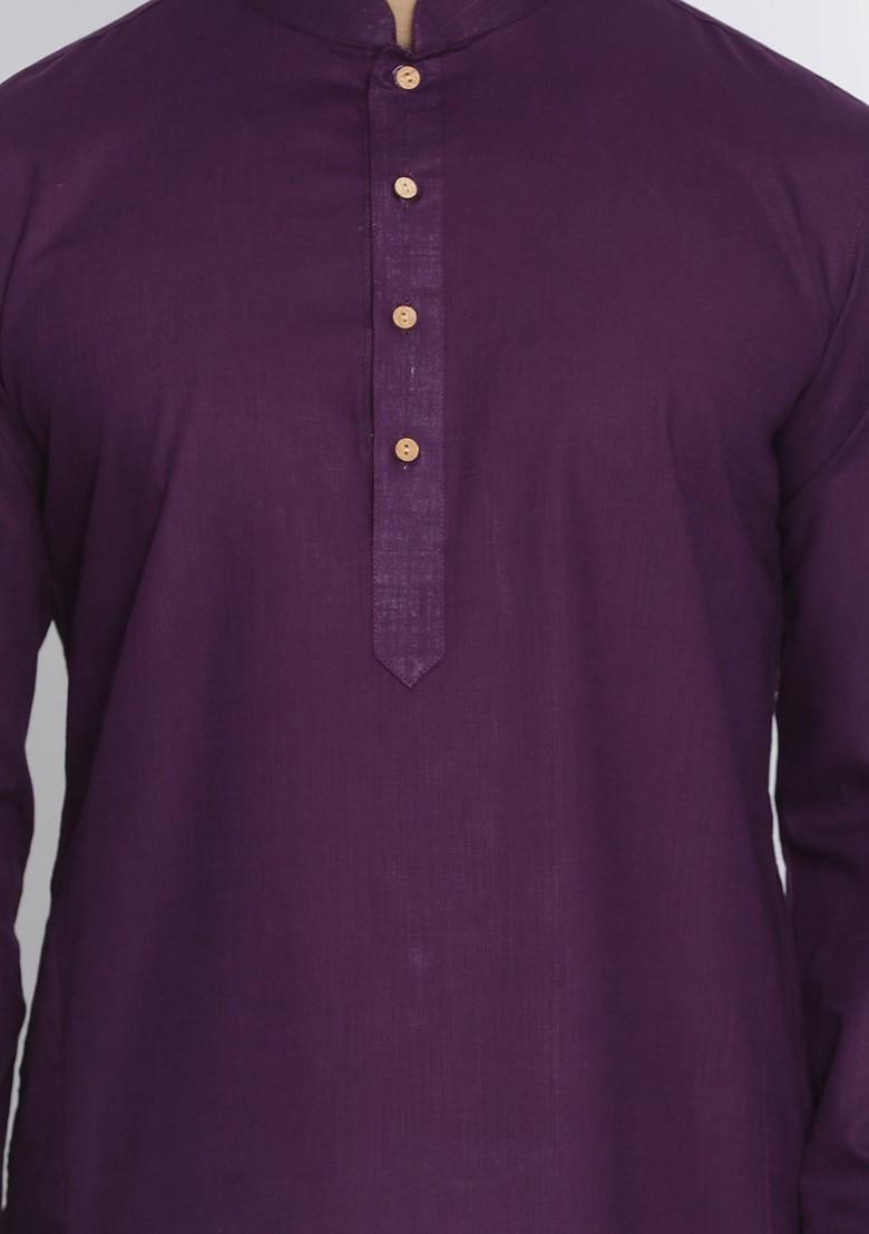 Purple Solid Poly Blend Kurta Set For Men