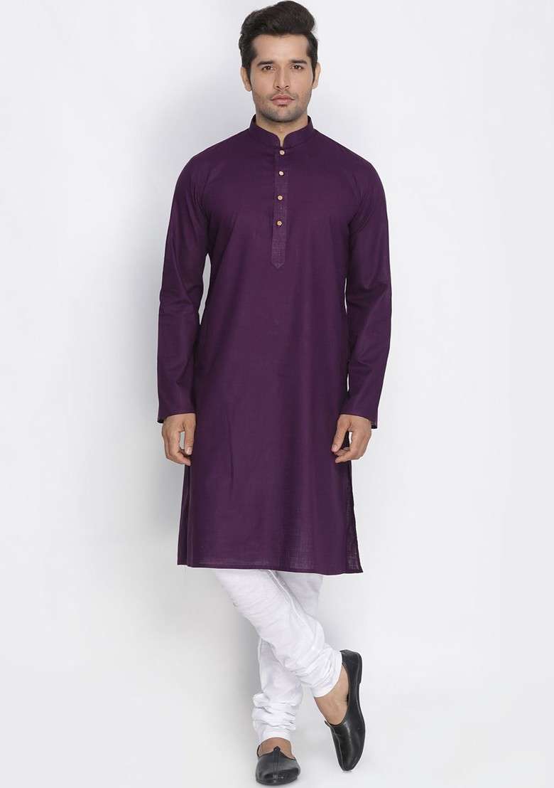Purple Solid Poly Blend Kurta Set For Men - Indya