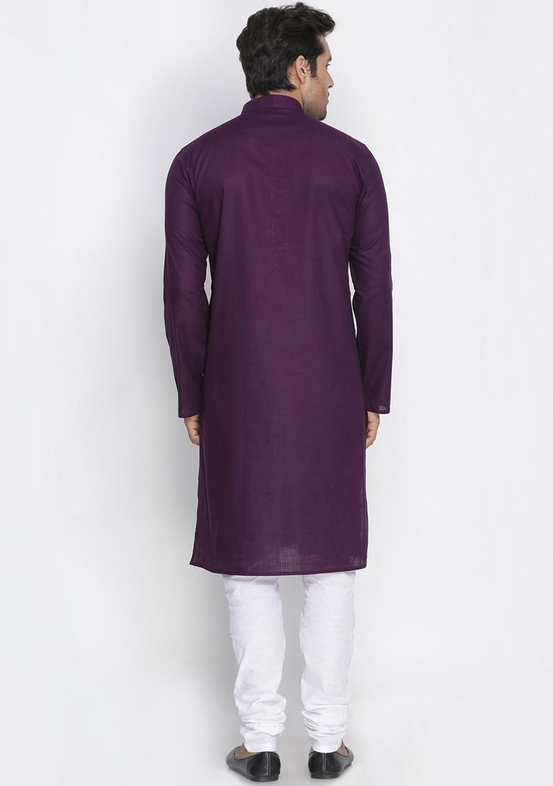 Purple Solid Poly Blend Kurta Set For Men