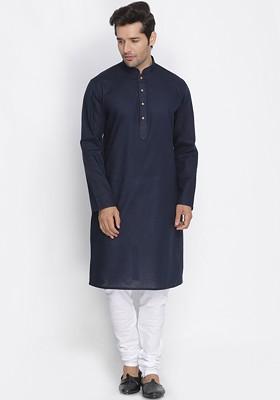 Navy Blue Solid Poly Blend Kurta Set For Men