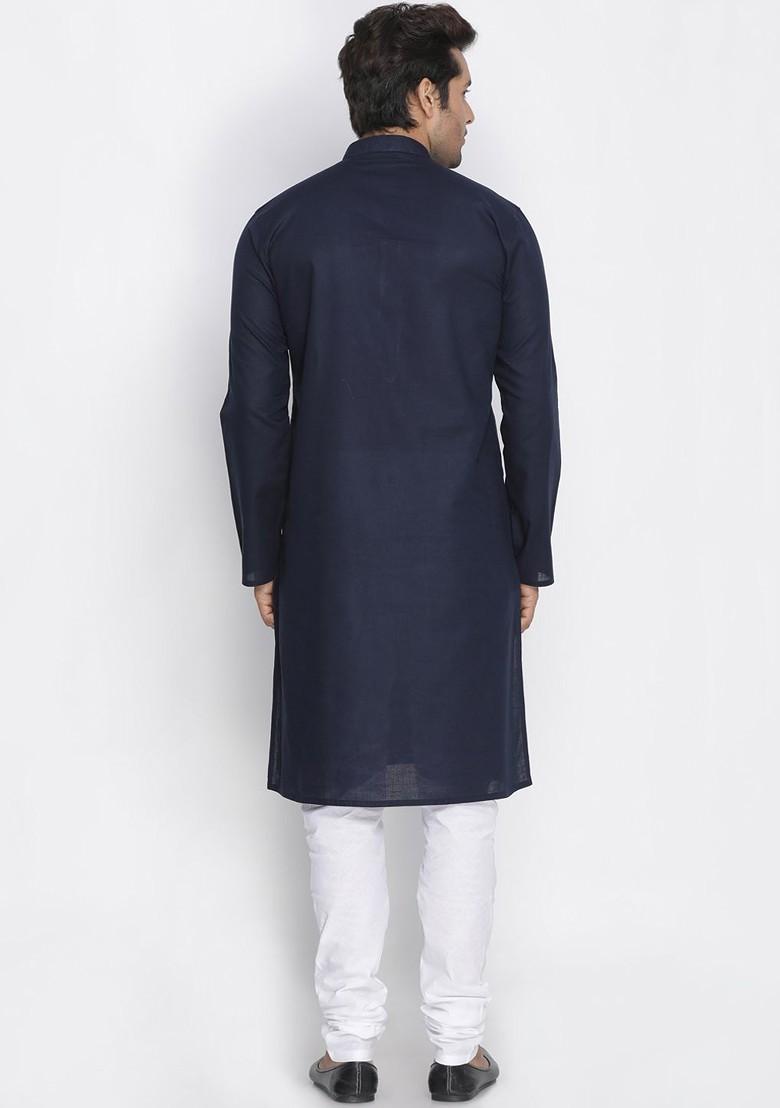 Navy Blue Solid Poly Blend Kurta Set For Men