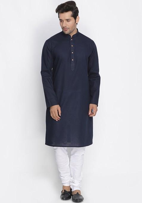 Navy Blue Solid Poly Blend Kurta Set For Men — view on Indya