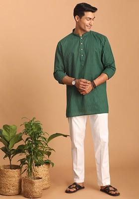 Green Striped Cotton Kurta Set For Men