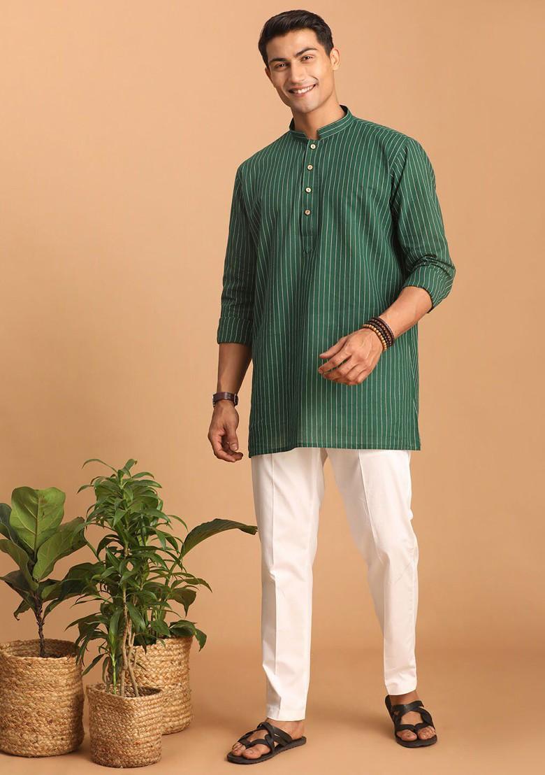 Green Striped Cotton Kurta Set For Men