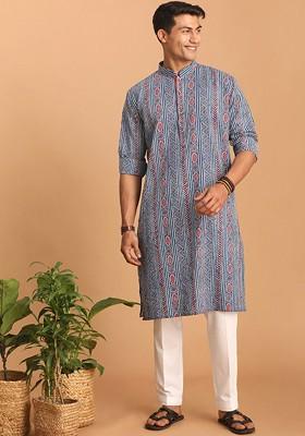 Blue Ethnic Motifs Cotton Kurta Set For Men