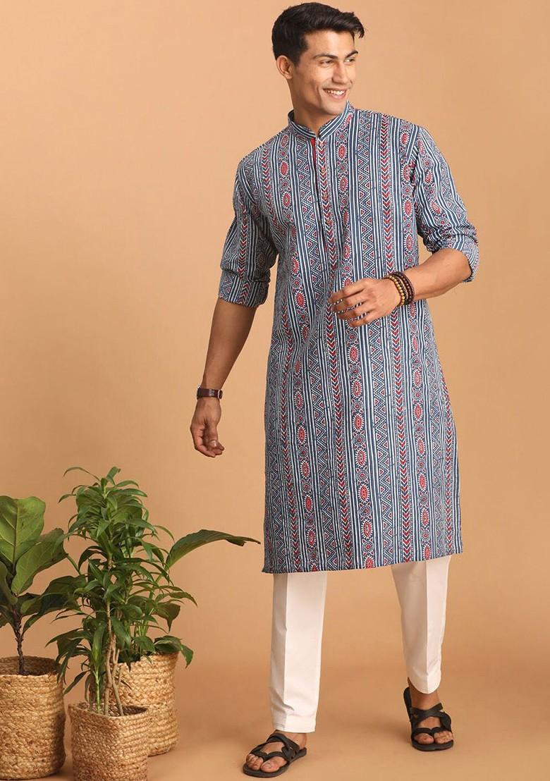 Blue Ethnic Motifs Cotton Kurta Set For Men