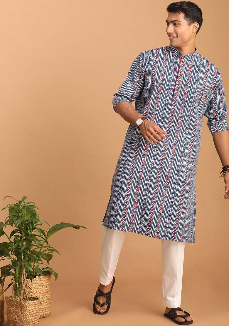Blue Ethnic Motifs Cotton Kurta Set For Men