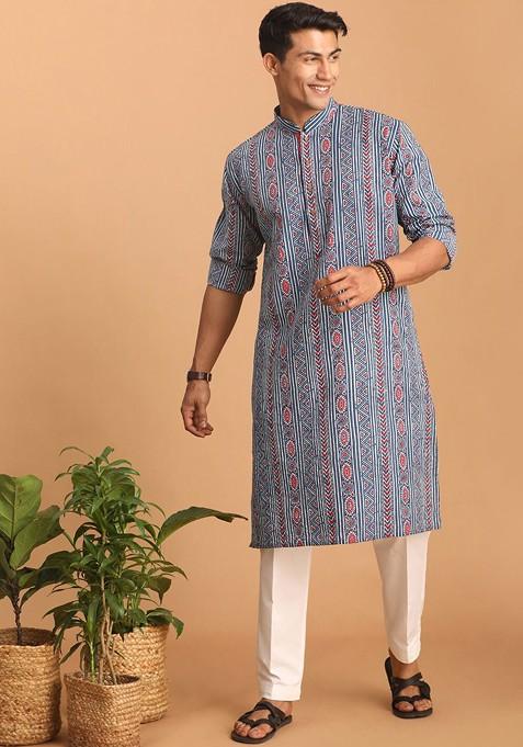 Blue Ethnic Motifs Cotton Kurta Set For Men