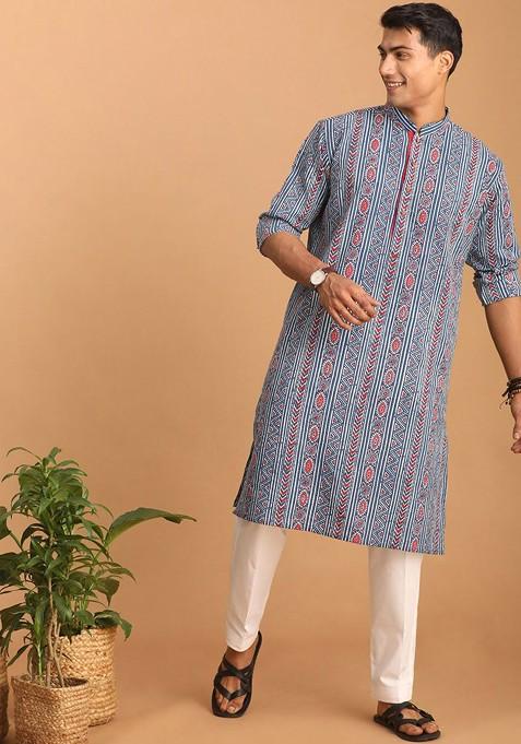 Blue Ethnic Motifs Cotton Kurta Set For Men