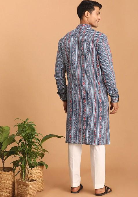 Blue Ethnic Motifs Cotton Kurta Set For Men