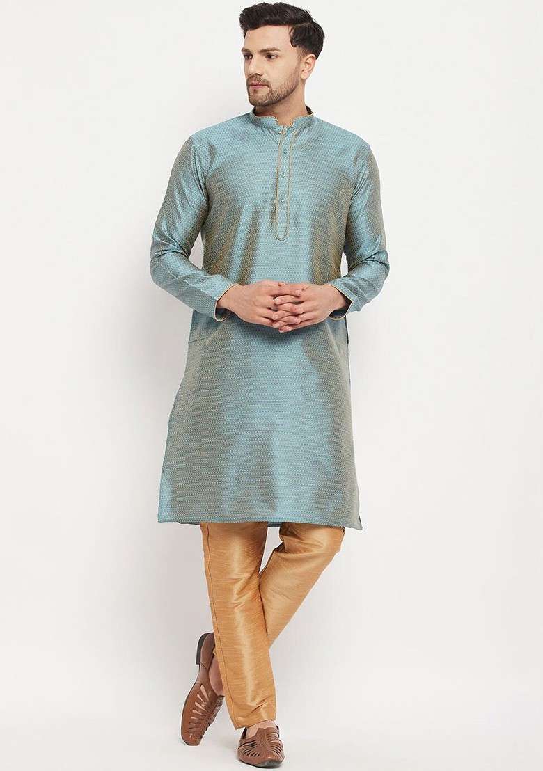 Green Ethnic Motifs Jacquard Kurta Set For Men - Indya