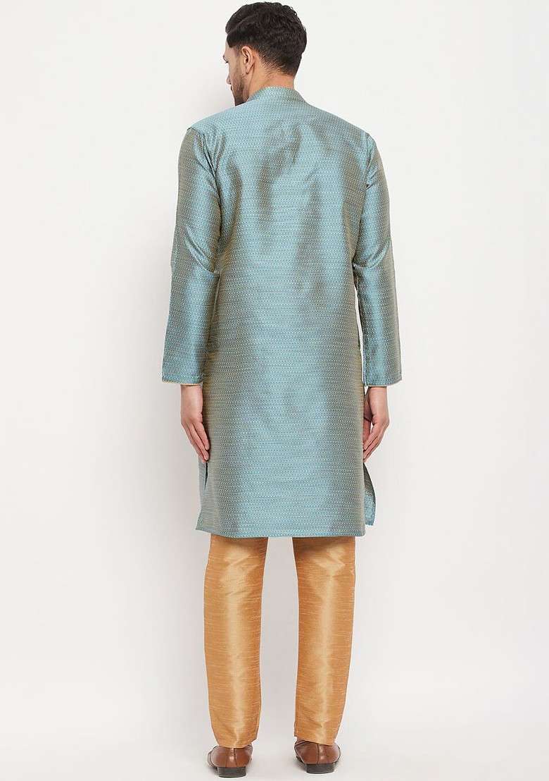 Green Ethnic Motifs Jacquard Kurta Set For Men - Indya