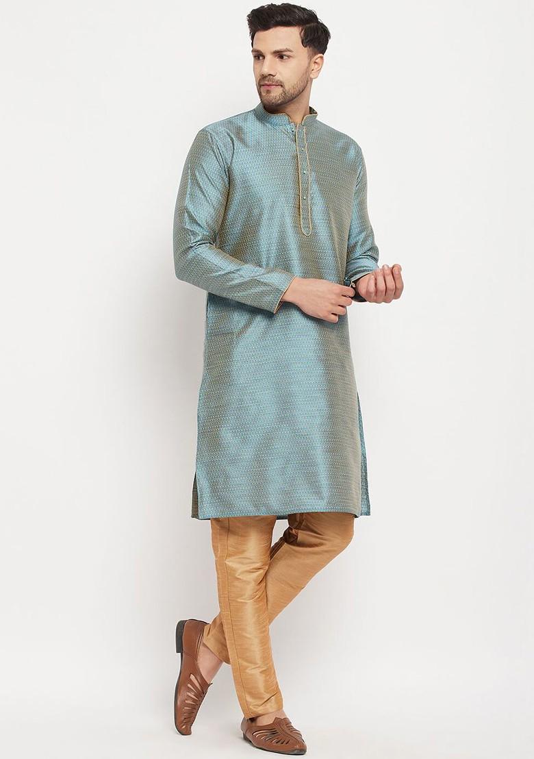 Green Ethnic Motifs Jacquard Kurta Set For Men