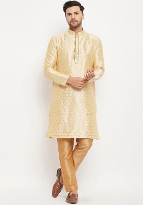 Cream Woven Poly Blend Kurta Set For Men