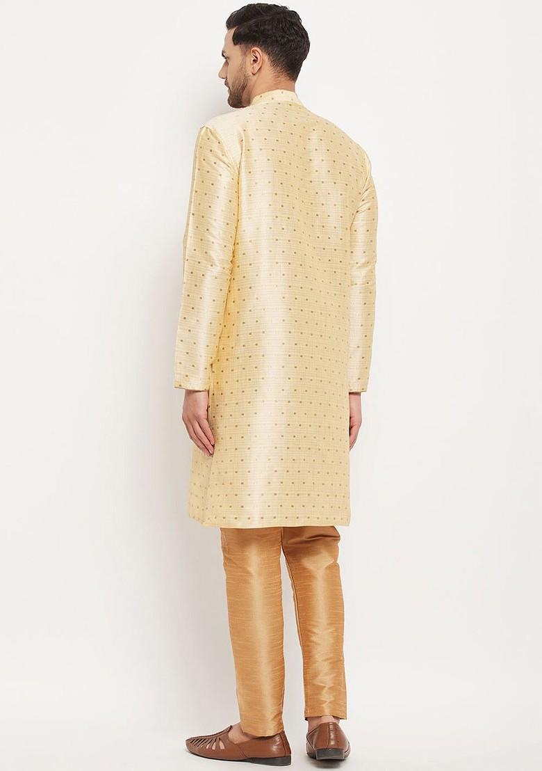 Cream Woven Poly Blend Kurta Set For Men