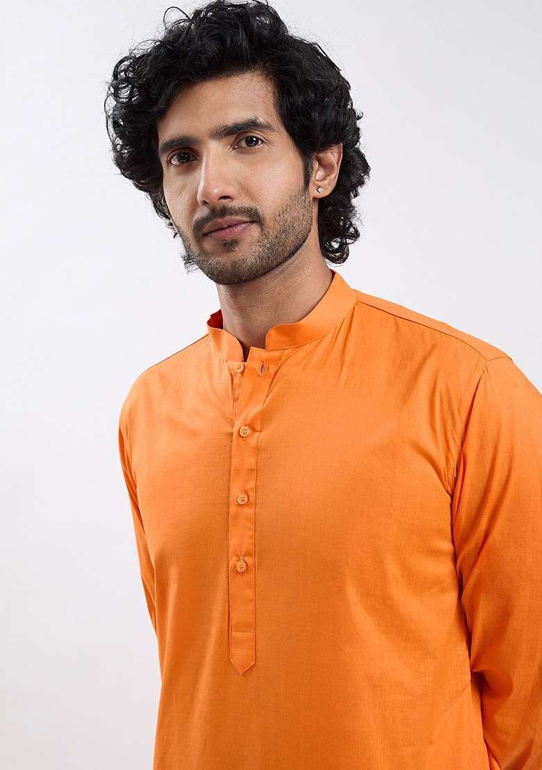 Orange Solid Cotton Kurta Set For Men - Indya