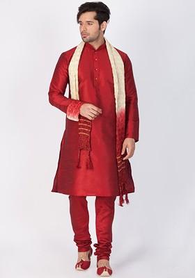 Maroon Solid Poly Blend Kurta Set For Men
