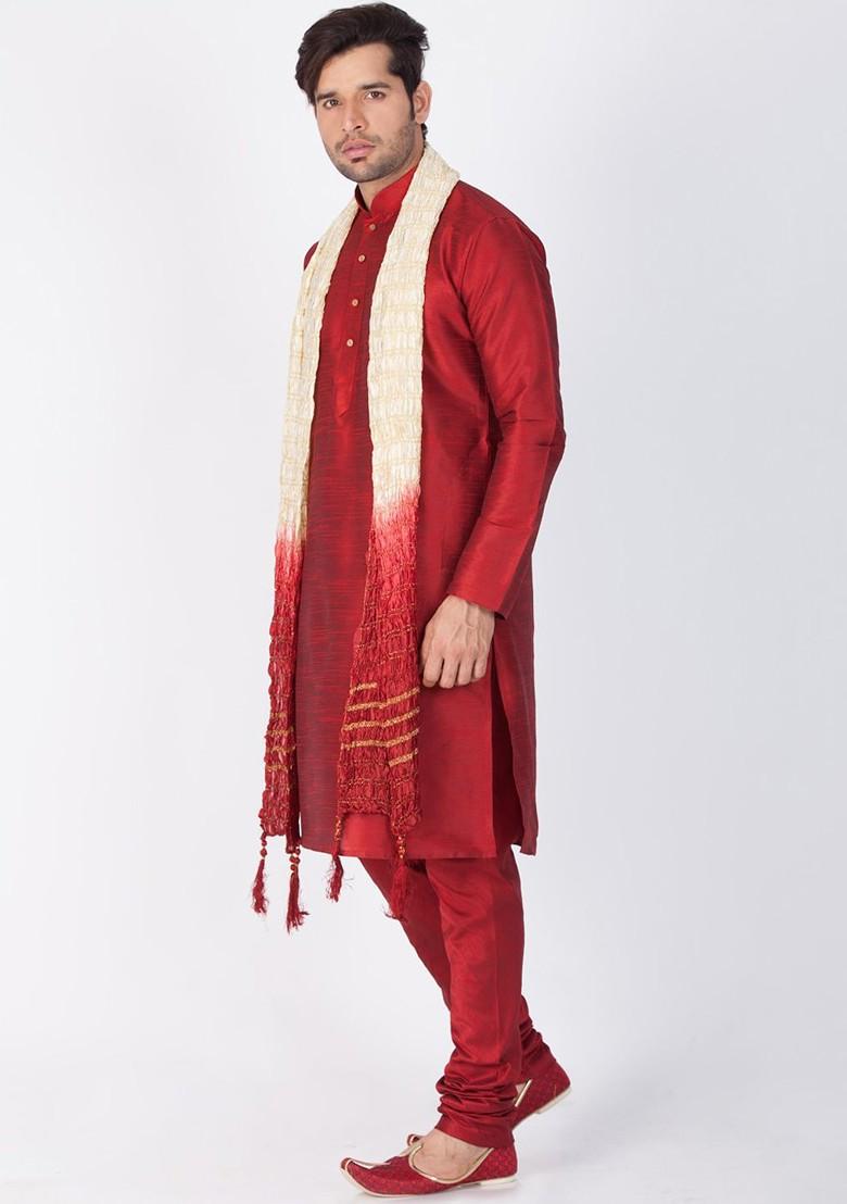 Maroon Solid Poly Blend Kurta Set For Men
