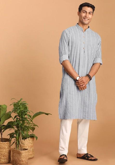 Grey Ethnic Motifs Cotton Kurta Set For Men