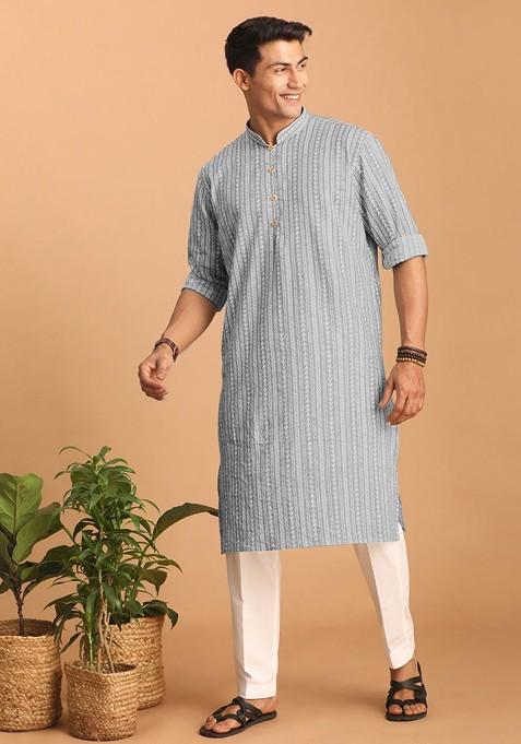 Grey Ethnic Motifs Cotton Kurta Set For Men