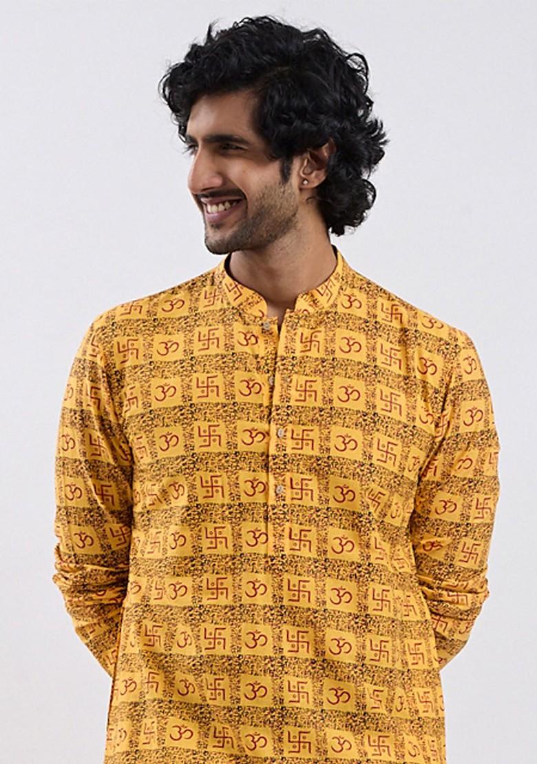 Yellow Printed Cotton Kurta Set For Men