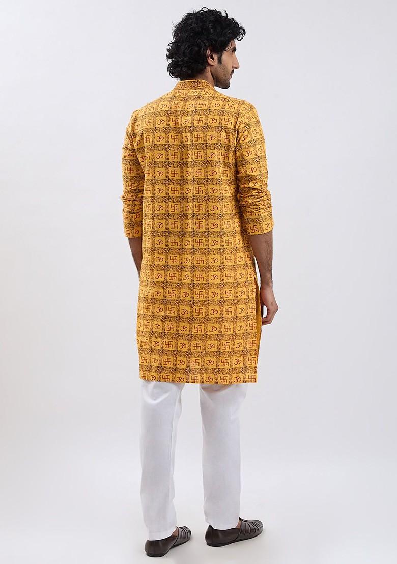 Yellow Printed Cotton Kurta Set For Men