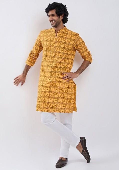 Yellow Printed Cotton Kurta Set For Men