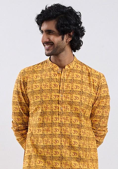Yellow Printed Cotton Kurta Set For Men