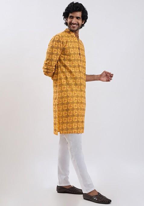 Yellow Printed Cotton Kurta Set For Men
