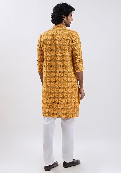 Yellow Printed Cotton Kurta Set For Men