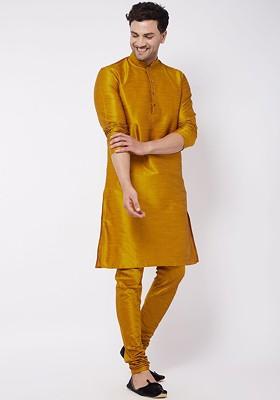 Mustard Solid Poly Blend Kurta Set For Men