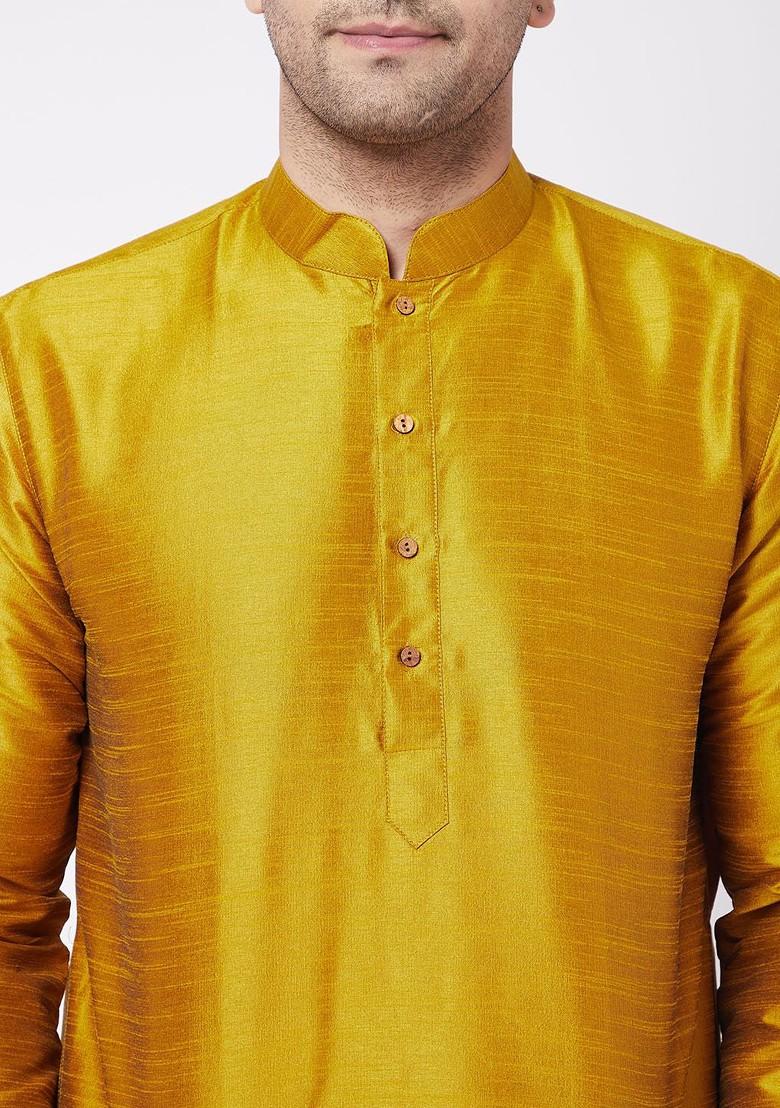 Mustard Solid Poly Blend Kurta Set For Men