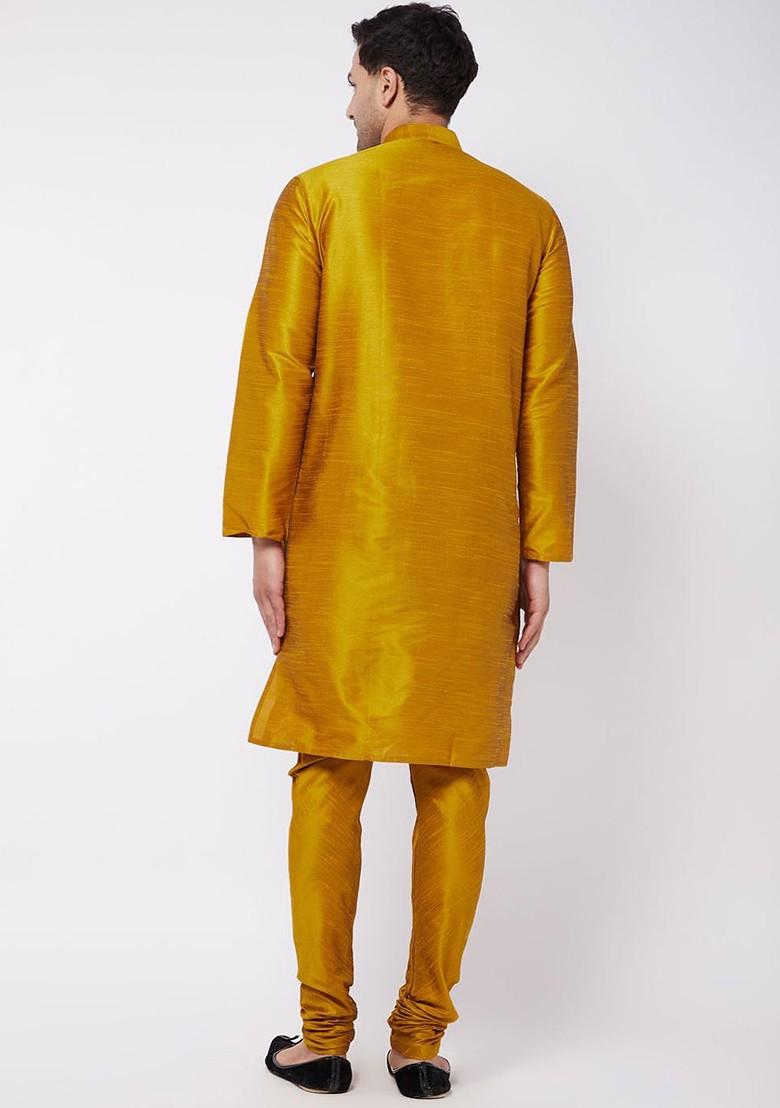 Mustard Solid Poly Blend Kurta Set For Men