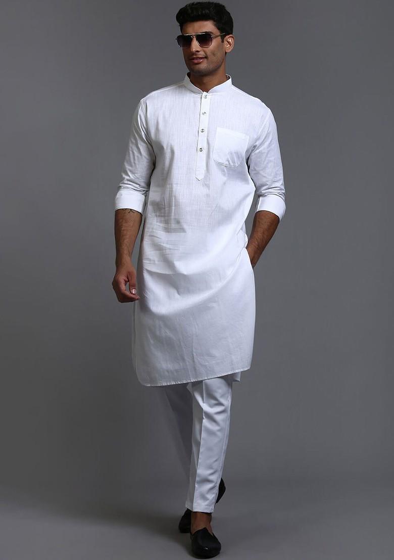 White Solid Poly Blend Kurta Set For Men
