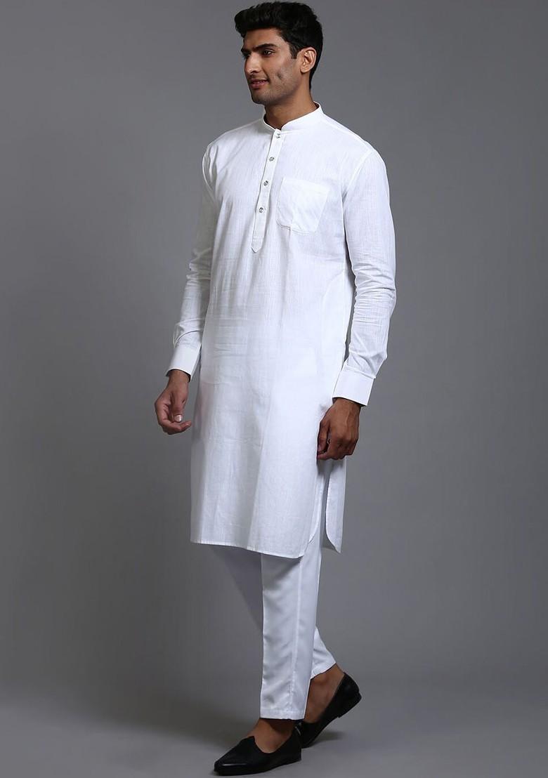 White Solid Poly Blend Kurta Set For Men
