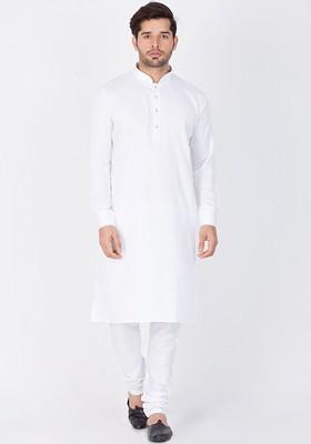 White Solid Poly Blend Kurta Set For Men