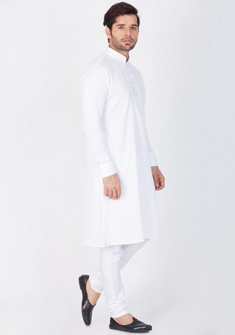White Solid Poly Blend Kurta Set For Men