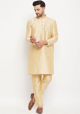 Gold Solid Poly Blend Kurta Set For Men
