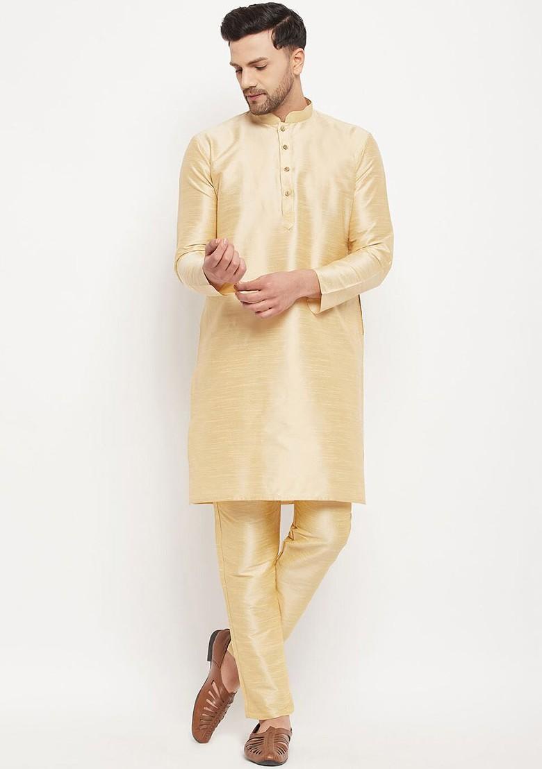 Gold Solid Poly Blend Kurta Set For Men